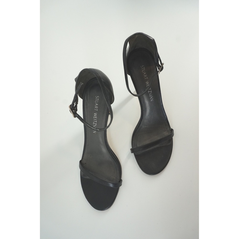 Stuart Weitzman Nudist Sandals‎ Minimalist Leather Heels Black 8.5